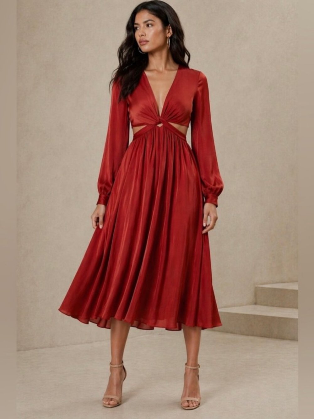 Banana Republic Brand New Satin Cutout Front Twist Midi Dress size 8 Crimson Red